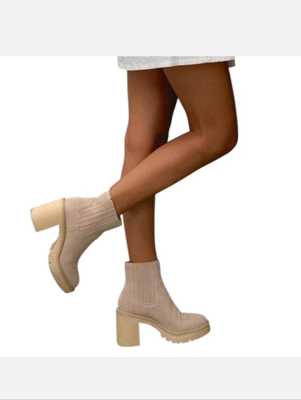 Dolce Vita Celia Ankle Boot Block Heel Pull On Suede Gray Bone Comfy Thick Heels